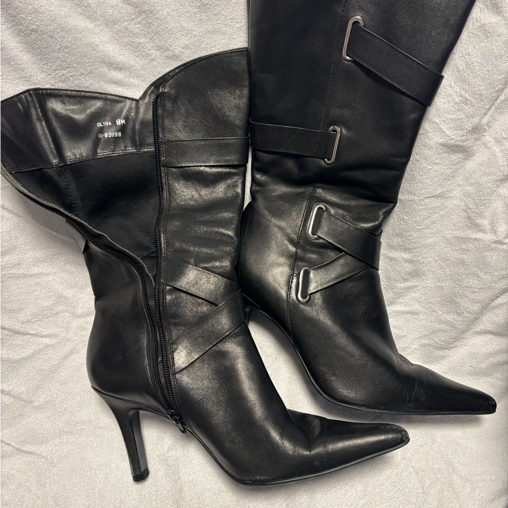 Black Pointed-Toe Mid-Calf Heeled Boots beautiful leather 3” heel. Forgot brand